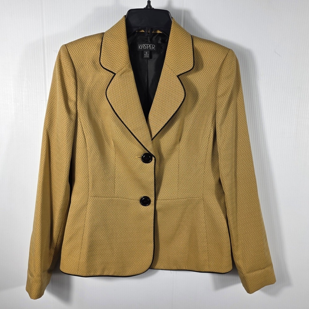 Kasper Womens Mustard Yellow Textured Blazer Black Piping Size 6 Professional